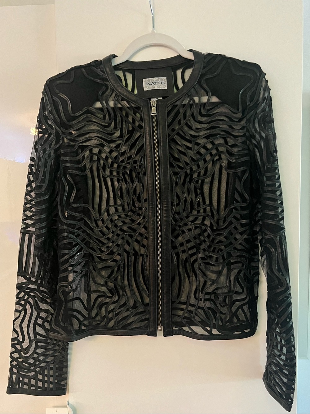 Natto Black Mesh Overlay Zip-Front leather Jacket